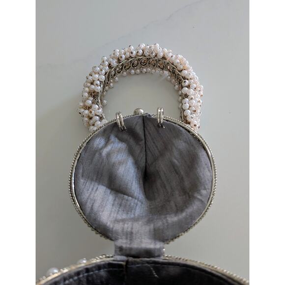 Ramla Cocktail Pearl Handmade Beaded Bag Silver Evening Clutch Purse Handbag - Picture 6 of 7